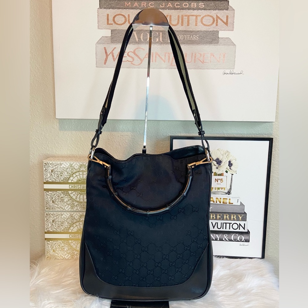 SOLD GUCCI GG Supreme Sherry Web Canvas/Leather Bamboo Handbag/Shoulder Bag